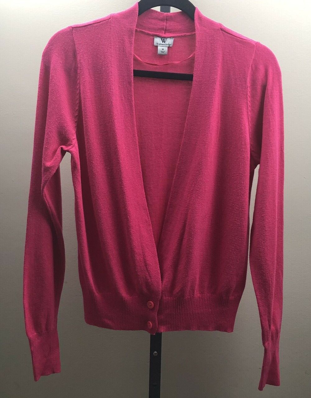 Worthington Cardigan Sweater Women M Pink Open Front Button Long Sleeve Stretch